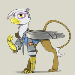 Size: 1100x1100 | Tagged: safe, artist:sinrar, imported from derpibooru, gilda, griffon, artificial wings, augmented, cyberpunk, female, looking at you, mechanical wing, prosthetics, solo, wings