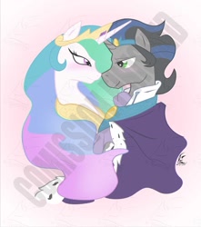 Size: 1024x1157 | Tagged: artist needed, safe, artist:masternodra, imported from derpibooru, king sombra, princess celestia, alicorn, unicorn, celestibra, commission, eye contact, female, good king sombra, looking at each other, male, obtrusive watermark, shipping, straight, watermark