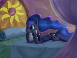 Size: 4724x3543 | Tagged: safe, artist:lin feng, imported from derpibooru, princess luna, alicorn, pony, between dark and dawn, bed, female, head in hooves, lying down, mare, prone, scene interpretation, solo