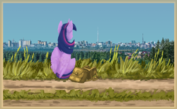 Size: 2640x1623 | Tagged: safe, artist:danton-y17, imported from derpibooru, twilight sparkle, alicorn, pony, bag, christmas, christmas tree, city, dirt road, forest, holiday, sky, skyline, solo, tree, twilight sparkle (alicorn)