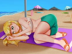 Size: 2000x1500 | Tagged: safe, artist:focusb, imported from derpibooru, derpy hooves, equestria girls, beach, breasts, busty derpy hooves, clothes, cute, derpabetes, feet, human coloration, looking at you, ocean, sand, sandals, solo, swimsuit, umbrella, water