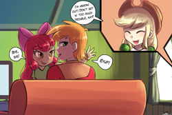 Size: 1125x750 | Tagged: dead source, safe, artist:lumineko, imported from derpibooru, apple bloom, applejack, big macintosh, equestria girls, big breasts, blushing, breasts, brother and sister, eyes closed, female, looking at you, looking back, looking back at you, macbloom, male, shipping, siblings, sitting, speech bubble, straight, suspicious, television, waving, window