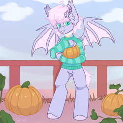 Size: 2520x2520 | Tagged: safe, artist:jackselit, imported from derpibooru, oc, oc only, oc:crescent charm, bat pony, pony, bat pony oc, bat wings, clothes, jewelry, necklace, pumpkin, solo, sweater, wings