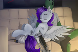 Size: 4850x3250 | Tagged: safe, artist:singovih, imported from derpibooru, oc, oc:anon, oc:morning glory (project horizons), human, pegasus, pony, fallout equestria, ah yes me my girlfriend and her x, commission, cute, daaaaaaaaaaaw, dashite, dock, female, human on pony snuggling, laser rifle, mare, meme, snuggling, sweet dreams fuel, window