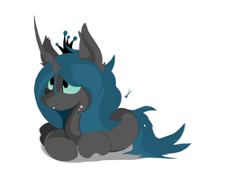 Size: 3552x2952 | Tagged: safe, artist:groomlake, imported from derpibooru, queen chrysalis, changeling, changeling queen, pony, colored, crown, curved horn, cute, cutealis, female, horn, jewelry, love, lying down, mare, regalia, simple, simple background, solo, solo female, spots, white background