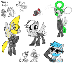 Size: 2400x2064 | Tagged: safe, artist:saltycube, imported from derpibooru, earth pony, pegasus, pony, robot, unicorn, clothes, female, male, no straight roads, ponified, simple background, sketch, sunglasses, white background