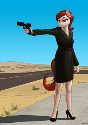 Size: 1419x2000 | Tagged: safe, artist:apocheck13, imported from derpibooru, oc, oc only, anthro, earth pony, plantigrade anthro, pony, anthro oc, clothes, coat, desert, female, gun, handgun, high heels, mare, nudity, pistol, road, shoes, solo, solo female, stiletto heels, weapon