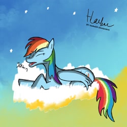 Size: 1080x1080 | Tagged: safe, artist:haekal20, imported from derpibooru, rainbow dash, pegasus, pony, cloud, female, mare, solo, stars, tired, yawn