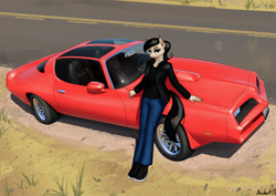 Size: 3000x2121 | Tagged: safe, artist:apocheck13, imported from derpibooru, oc, oc only, oc:elya, anthro, anthro oc, car, clothes, female, jacket, jeans, leather jacket, pants, pontiac, pontiac firebird, ponytail, solo