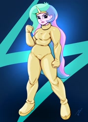 Size: 2500x3500 | Tagged: safe, artist:durdevul, imported from derpibooru, princess celestia, equestria girls, abstract background, alternate universe, bodysuit, clenched fist, clothes, commission, fake horn, female, fist, headband, high res, principal celestia, raised fist, solo, superhero, superhero celestia