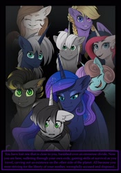 Size: 1600x2291 | Tagged: safe, artist:tillie-tmb, imported from derpibooru, princess luna, oc, oc:alistor, oc:bright light, oc:mavis morel, oc:misty spirit, oc:silver shine, oc:sweet potato, oc:tempest, pony, comic:the amulet of shades, comic