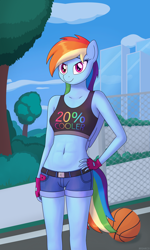 Size: 3000x5000 | Tagged: safe, alternate version, artist:irisarco, imported from derpibooru, rainbow dash, anthro, pegasus, 20% cooler, abs, ball, basketball, belly button, belt, black belt, blue fur, blue wings, bow, breasts, bush, cellphone, city, clothes, cloud, confident, cute, dashabetes, day, denim shorts, female, fence, fingerless gloves, gloves, grass, hand on hip, looking at you, midriff, multicolored mane, multicolored tail, multiple variants, outdoors, park, phone, pink eyes, rainbow tail, short shirt, shorts, sky, skyscraper, small breasts, smartphone, smiling, smiling at you, solo, sports, standing, tail, text, tomboy, tree, watermark, wings