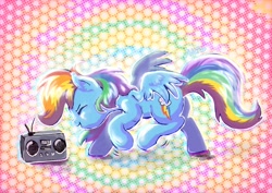 Size: 1754x1240 | Tagged: safe, artist:avui, imported from derpibooru, rainbow dash, pegasus, pony, crush 40, cute, dancing, dashabetes, eyes closed, featured image, female, inktober 2020, mare, music, open mouth, radio, smiling, solo, spread wings, sweet dreams fuel, wings