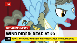 Size: 1280x720 | Tagged: safe, edit, edited screencap, imported from derpibooru, screencap, wind rider, pegasus, pony, rarity investigates, break your own news, breaking news, dead, male, solo, stallion