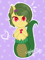 Size: 1050x1400 | Tagged: safe, artist:shappy the lamia, imported from derpibooru, oc, oc only, oc:shappy, earth pony, hybrid, lamia, original species, pony, brooch, chibi, collaboration, cute, eating, fanart, fangs, food, front view, green, green tail, happy, heart, holding, long tail, love, pretty, radish, red eyes, scales, short hair, short mane, slit eyes, slit pupils, snake eyes, snake tail, solo, watermelon, yellow