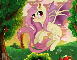 Size: 1280x1007 | Tagged: safe, artist:colorbrush, artist:colorochka, imported from derpibooru, fluttershy, bat pony, pony, apple, apple basket, apple tree, basket, bat ponified, bat wings, bush, cheek fluff, chest fluff, dandelion, ear fluff, fangs, female, flower, flutterbat, flying, food, grass, leaves, looking away, looking up, mare, outdoors, race swap, red eyes, sky, smiling, solo, spread wings, tree, wings