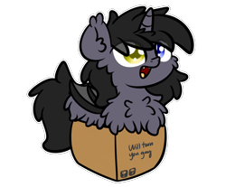 Size: 3250x2688 | Tagged: safe, artist:kimjoman, artist:php142, artist:purpleflix, imported from derpibooru, oc, oc only, oc:astral gazer, alicorn, bat pony, pony, alicorn oc, bat pony oc, bat wings, box, chest fluff, cute, fluffy, happy, heterochromia, horn, male, pony in a box, simple background, solo, stallion, transparent background, wings