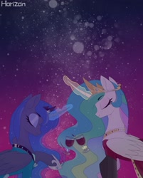 Size: 1580x1962 | Tagged: safe, alternate version, artist:dusk40536, imported from derpibooru, princess celestia, princess luna, alicorn, pony, alcohol, cheers, clothes, crown, dress, duo, eyes closed, female, glass, jewelry, magic, mare, pantyhose, profile, regalia, royal sisters, siblings, sisters, telekinesis, wine, wine glass