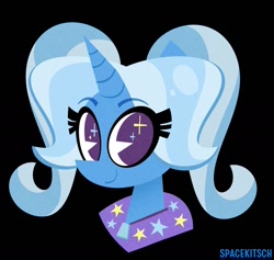 Size: 1280x1212 | Tagged: safe, artist:spacekitsch, imported from derpibooru, trixie, unicorn, alternate hairstyle, babysitter trixie, bust, clothes, cute, diatrixes, female, hoodie, looking at you, mare, pigtails, smiling, twintails