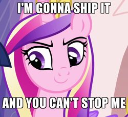 Size: 600x548 | Tagged: safe, edit, edited screencap, imported from derpibooru, screencap, princess cadance, alicorn, pony, games ponies play, caption, cropped, female, image macro, implied shipping, mare, meme, princess of shipping, raised eyebrow, smiling, smirk, smug, smugdance, solo, text, with great power comes great shipping