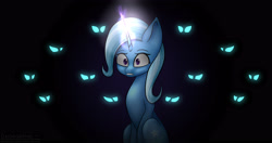 Size: 4096x2160 | Tagged: safe, artist:darbedarmoc, imported from derpibooru, trixie, changeling, pony, unicorn, the cutie re-mark, cave, danger, dark, eye, eyes, fear, light, magic, solo, two toned mane