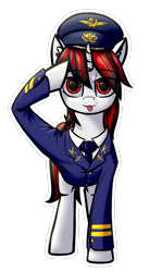 Size: 708x1278 | Tagged: safe, alternate version, artist:colourwave, imported from derpibooru, oc, oc only, oc:blackjack, pony, unicorn, fallout equestria, fallout equestria: project horizons, :p, aeroflot logo, broken anatomy, clothes, cute, cyber eyes, fanfic art, female, hammer and sickle, helicopter pilot, horn, irl, looking at you, mlem, non canon, o7, photo, pilot, salute, silly, simple background, solo, sticker, tongue out, transparent background, uniform