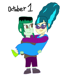 Size: 1280x1475 | Tagged: safe, artist:horroraceman93, imported from derpibooru, juniper montage, wallflower blush, equestria girls, beehive hairdo, bridal carry, bride of frankenstein, carrying, clothes, cosplay, costume, female, frankenstein's monster, glasses, halloween, holiday, juniblush, lesbian, shipping, simple background, transparent background