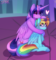 Size: 1560x1653 | Tagged: safe, artist:aaa-its-spook, imported from derpibooru, rainbow dash, twilight sparkle, alicorn, pegasus, biting, blushing, ear bite, eyes closed, eyeshadow, female, lesbian, makeup, shipping, sitting, size difference, twidash, twilight sparkle (alicorn)