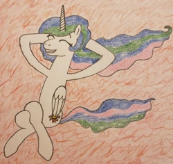 Size: 1870x1762 | Tagged: safe, anonymous artist, imported from derpibooru, princess celestia, alicorn, pony, /mlp/, crossed legs, drawthread, hooves behind head, lying down, on back, requested art, solo, traditional art