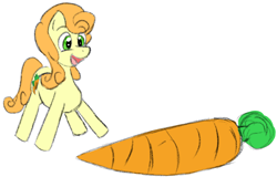 Size: 1194x766 | Tagged: safe, anonymous artist, imported from derpibooru, carrot top, golden harvest, earth pony, pony, /mlp/, carrot, cute, drawthread, food, happy, herbivore, open mouth, requested art, simple background, solo, white background