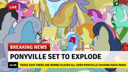 Size: 1280x720 | Tagged: safe, artist:tardifice, edit, edited screencap, imported from derpibooru, screencap, bon bon, lyra heartstrings, sweetie drops, trixie, the cutie pox, to where and back again, break your own news, terrorism