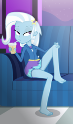 Size: 1100x1853 | Tagged: safe, alternate version, artist:grapefruitface1, imported from derpibooru, trixie, equestria girls, barefoot, base used, bedroom eyes, clothes, drinking, drinking straw, feet, legs, looking sideways, looking to side, night, schrödinger's pantsu, show accurate, sitting, sitting pretty, solo, thighs, window