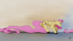 Size: 3840x2160 | Tagged: safe, artist:tenebrisnoctus, imported from derpibooru, fluttershy, pegasus, pony, abstract background, chasing own tail, colored hooves, female, floppy ears, folded wings, frown, gradient background, high res, impossibly long tail, long tail, looking at something, looking down, mare, no catchlights, profile, solo, tail extensions, unshorn fetlocks, walking, wings