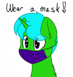 Size: 700x736 | Tagged: safe, artist:artistic-inky, imported from derpibooru, oc, oc only, oc:green byte, pony, unicorn, commission, coronavirus, covid-19, ear fluff, eye clipping through hair, face mask, male, mask, signature, simple background, solo, stallion, text, transparent background, ych result