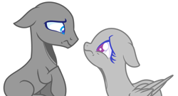 Size: 3816x2068 | Tagged: safe, artist:thieeur-nawng, imported from derpibooru, oc, oc only, earth pony, pegasus, pony, bald, base, bust, duo, earth pony oc, eyelashes, frown, looking at each other, pegasus oc, simple background, white background, wings