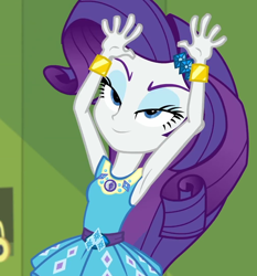 Size: 1006x1080 | Tagged: safe, imported from derpibooru, screencap, rarity, equestria girls, equestria girls series, holidays unwrapped, spoiler:eqg series (season 2), armpits, arms in the air, bracelet, canterlot high, clothes, cropped, eyeshadow, female, geode of shielding, hallway, hands in the air, jewelry, lidded eyes, lockers, magical geodes, makeup, o come all ye squashful, pencil skirt, rarity peplum dress, skirt, smiling, solo