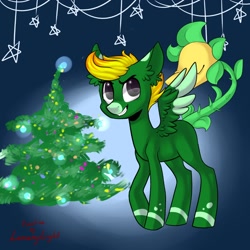 Size: 1024x1024 | Tagged: safe, artist:helemaranth, imported from derpibooru, oc, oc only, monster pony, original species, pegasus, piranha plant pony, plant pony, pony, augmented tail, base used, christmas, christmas tree, ear fluff, grin, holiday, pegasus oc, plant, signature, smiling, solo, tree, two toned wings, wings