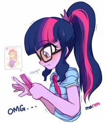 Size: 2976x3432 | Tagged: safe, artist:maren, imported from derpibooru, sci-twi, sunset shimmer, twilight sparkle, equestria girls, blushing, boob boop, breasts, cute, female, glasses, implied breast expansion, implied lesbian, implied scitwishimmer, implied shipping, phone, ponytail, puberty, simple background, solo, squishy, touch, twiabetes, white background, younger