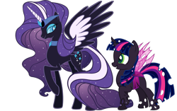 Size: 1500x942 | Tagged: safe, edit, editor:lunarangel, idw, imported from derpibooru, vector edit, nightmare rarity, rarity, twilight sparkle, alicorn, changeling, alicornified, alternate design, changelingified, duo, female, lesbian, nightmare raricorn, nightmare rarilight, purple changeling, race swap, rarilight, ship, shipping, simple background, species swap, spread wings, transparent background, twiling, vector, wings