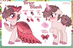 Size: 1500x998 | Tagged: safe, artist:jennieoo, imported from derpibooru, oc, oc only, oc:brier blush, butterfly, pony, unicorn, clothes, dress, female, gala, gala dress, magic, mare, reference, reference sheet, royal gala, show accurate, shy, solo, sparkles