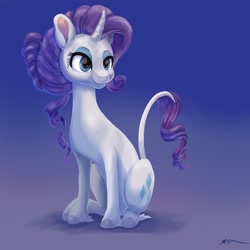 Size: 2048x2048 | Tagged: safe, artist:catscratchpaper, imported from derpibooru, rarity, classical unicorn, unicorn, alternate hairstyle, blue background, cloven hooves, female, gradient background, leonine tail, looking at you, mare, simple background, sitting, smiling, unshorn fetlocks