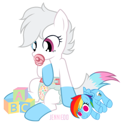 Size: 1200x1194 | Tagged: safe, artist:jennieoo, imported from derpibooru, rainbow dash, oc, oc only, oc:star lily, pony, adult foal, blocks, colt, diaper, diaper fetish, female, fetish, foal, male, non-baby in diaper, pacifier, plushie, rainbow dash plushie, show accurate, simple background, solo, solo focus, transparent background