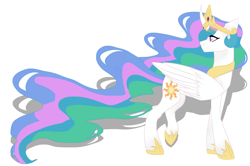 Size: 3000x1993 | Tagged: safe, artist:toptian, imported from derpibooru, princess celestia, alicorn, pony, curved horn, female, hoof shoes, horn, jewelry, looking back, mare, peytral, simple background, solo, tiara, white background