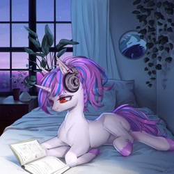 Size: 1200x1200 | Tagged: safe, artist:lunarlacepony, imported from derpibooru, oc, oc only, oc:purple flare, oc:purpleflare, pony, unicorn, bed, blank flank, book, ear fluff, headphones, indoors, music, plant, reading, solo, window