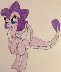 Size: 1703x1985 | Tagged: safe, artist:mercedesstar, imported from derpibooru, oc, oc only, oc:amethyst, dracony, dragon, hybrid, pony, blushing, eyelashes, female, interspecies offspring, offspring, parent:rarity, parent:spike, parents:sparity, simple background, solo, traditional art, white background, wings