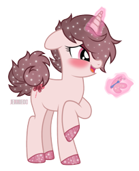 Size: 979x1200 | Tagged: safe, artist:jennieoo, imported from derpibooru, oc, oc only, oc:brier blush, butterfly, pony, unicorn, blushing, cute, female, magic, mare, show accurate, simple background, smiling, solo, sparkles, transparent background