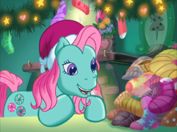 Size: 938x700 | Tagged: safe, imported from derpibooru, screencap, minty, a very minty christmas, christmas, christmas lights, clothes, cute, fireplace, g3, hasbro is trying to murder us, hat, holiday, mintabetes, santa hat, smiling, socks, that pony sure does love socks, weapons-grade cute