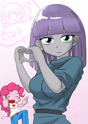 Size: 2894x4093 | Tagged: safe, artist:batipin, imported from derpibooru, maud pie, pinkie pie, equestria girls, blushing, breasts, busty maud pie, busty pinkie pie, camp everfree outfits, cute, diapinkes, duo, eyes closed, female, heart, heart hands, looking at you, open mouth, pictogram, pie sisters, siblings, sisters, smiling, speech bubble, thumbs up, when she smiles