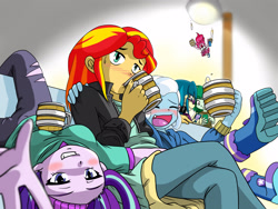 Size: 2224x1668 | Tagged: safe, artist:batipin, imported from derpibooru, juniper montage, pinkie pie, starlight glimmer, sunset shimmer, trixie, wallflower blush, equestria girls, alcohol, beer, blushing, breasts, busty starlight glimmer, cellphone, cider, couch, drinking, drunk, drunk trixie, drunker glimmer, drunker shimmer, drunkie pie, drunkset shimmer, female, go home you're drunk, grin, hard cider, looking at you, lying down, magical trio, open mouth, phone, smartphone, smiling, snaggletooth, the great and alcoholics trixie, volumetric mouth