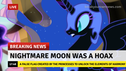 Size: 1280x720 | Tagged: safe, edit, edited screencap, imported from derpibooru, screencap, nightmare moon, alicorn, pony, break your own news, conspiracy theory, op is a duck